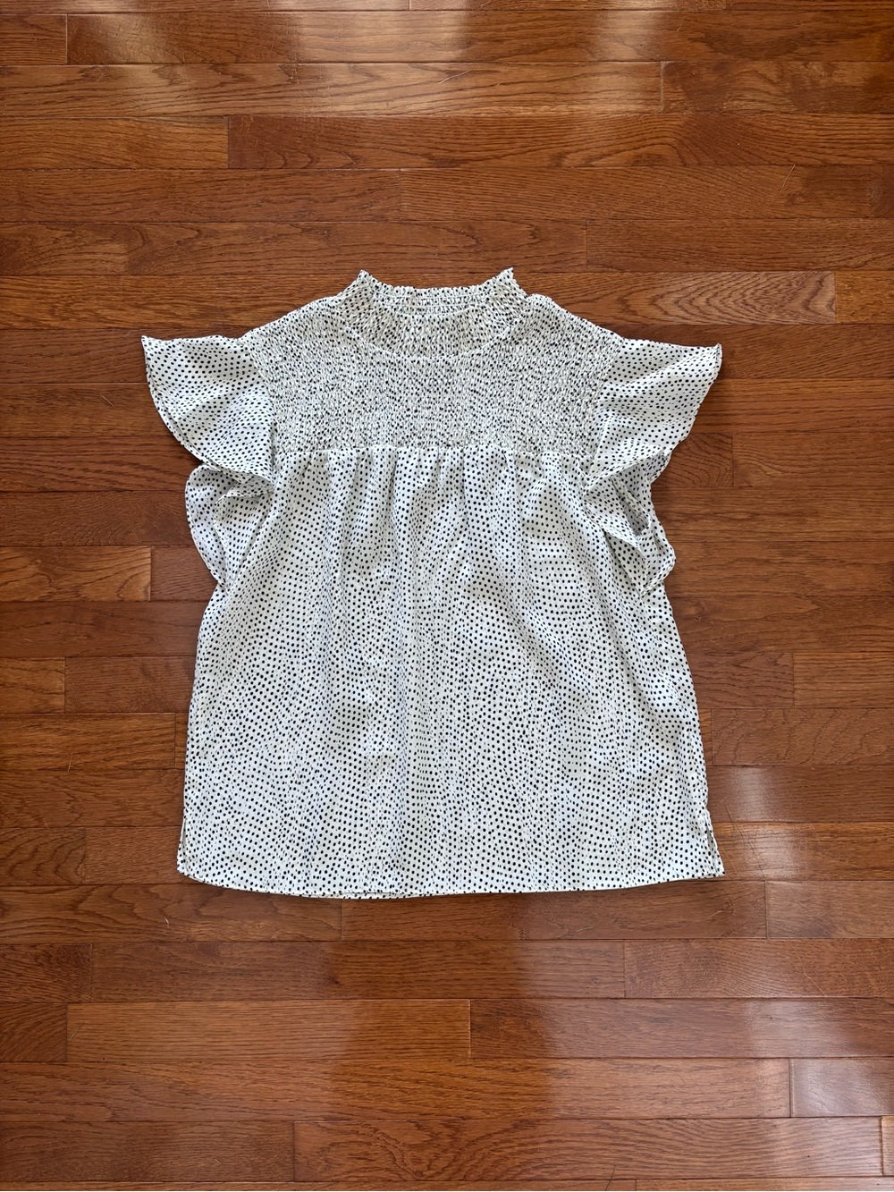Wishlist Apparel White and Black Dalmation Print Smocked Flutter Sleeve Blouse